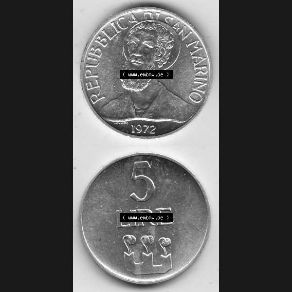 Grau bzw. s/w Bildmaterial Münzensatz / KMS 1972 aus San Marino 1972-1972, 5 Lire, 1972, LIRE MONASSI REPUBBLICA DI SAN MARINO. Vorderseite und Rückseite einer Umlaufmünze... Sammlung Graustufen