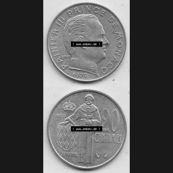 Grau bzw. s/w Alte Münzen Monaco Umlaufmünze Vollansicht 1962-1995, 20 Centimes, Cent 1979-1, RAINIER III PRINCE DE MONACO SIMON, 20 CENTIMES DEO JUVANTE. Vorderseite und Rückseite... Sammlung Graustufen