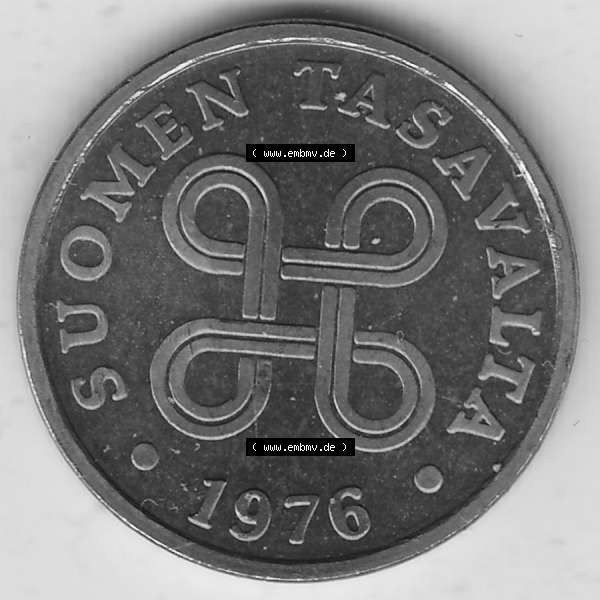 Grau bzw. s/w Alte Münzen KMS Finnland, Kursmünzensatz 1976 in Stempelglanz 1963-1977, 5 Penny Penniä 1976-1, SUOMEN TASAVALTA. Vorderseite einer Münze aus KMS / Kursmünzen... Sammlung Graustufen