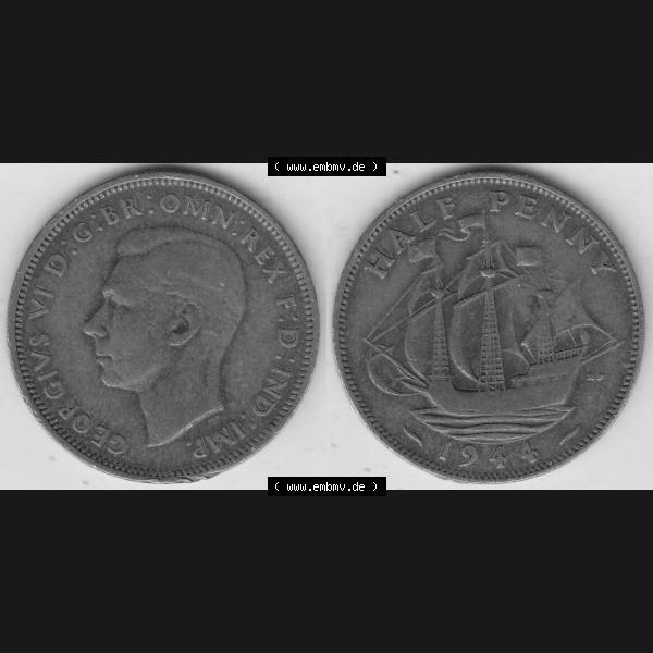 Grau bzw. s/w Alte Münzen Großbritannien Umlaufmünze 1937-1948, Half Penny, 1944-1, George VI, HALF PENNY HP, Segelschiff. Vorderseite und Rückseite horizontal... Sammlung Graustufen