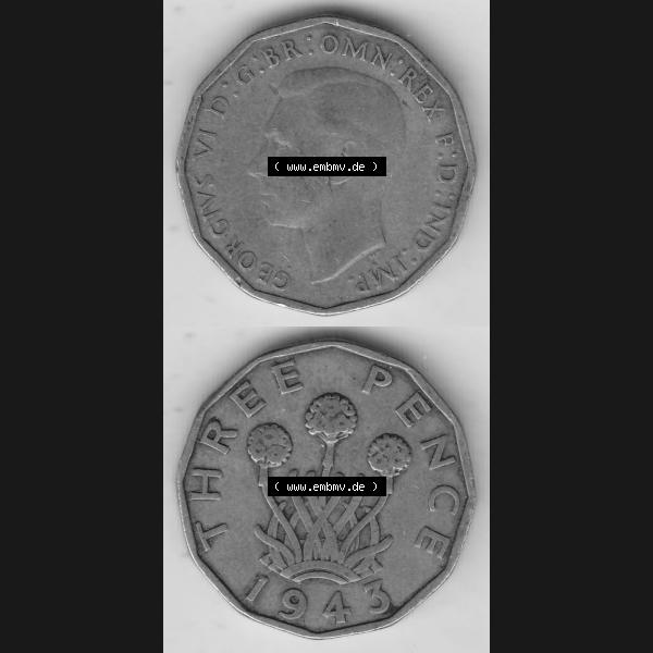 Grau bzw. s/w Alte Münzen Großbritannien Umlaufmünze 1937-1948, 3 Pence, Three Pence 1943-3, George VI, GEORGIVS VI D G BR OMN REX F D IND IMP. Vorderseite und Rückseite... Sammlung Graustufen