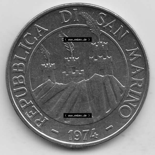 Grau bzw. s/w Bildmaterial Münzensatz / KMS 1974 aus San Marino 1974-1974, 100 Lire, L.100 MINGUZZI MONASSI INC.. Vorderseite einer Umlaufmünze aus 1974 REPUBBLICA DI SAN... Sammlung Graustufen