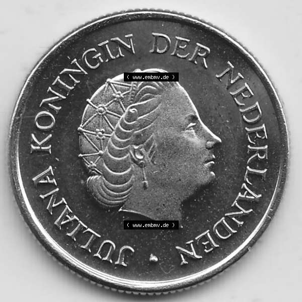 Grau bzw. s/w Alte Münzen KMS Niederlande, Kursmünzensatz 1977, 1950-1980, 25 Cent, 1977-1 JULIANA KONINGIN DER NEDERLANDEN. Vorderseite einer Münze aus offiziellen KMS... Sammlung Graustufen