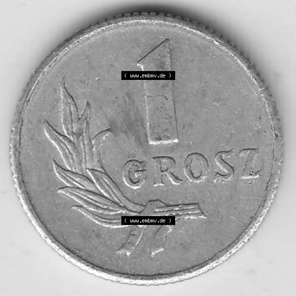 Grau bzw. s/w Münzen Polen KMS, Kursmünzensatz 1949-1949, Republik Polen 1 Grosz, Groschen, Aluminium 1949-1. Rückseite mit Wert-Zahl / Wert-Angabe einer polnischen... Sammlung Graustufen