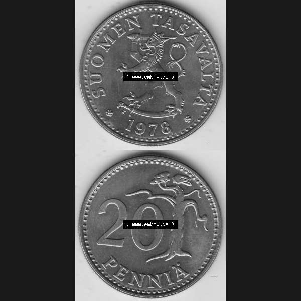 Grau bzw. s/w Alte Münzen KMS Finnland, Kursmünzensatz 1978 in Stempelglanz 1963-1990, 20 Penny, 1978-1. Digitales Bild / Bildmaterial für IPhone und Mobil-Geräte mit... Sammlung Graustufen