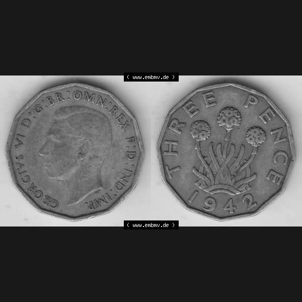 Grau bzw. s/w Alte Münzen Großbritannien Umlaufmünze 1937-1948, 3 Pence, Three Pence 1942-1, George VI, GEORGIVS VI D G BR OMN REX F D IND IMP. Vorderseite und Rückseite... Sammlung Graustufen