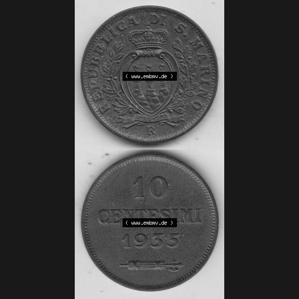 Grau bzw. s/w Bildmaterial Münzen aus San Marino vor 1950, 1935-1938, 10 Centesimi, (Cent-Wert), 1935-1, LIBERTAS REPUBBLICA DI S. MARINO, 10 CENTESIMI 1935.... Sammlung Graustufen