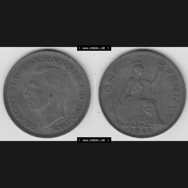 Grau bzw. s/w Münzen Großbritannien Umlaufmünze 1937-1948. 1 One Penny 1945-1, George VI, GEORGIVS VI DGBROMNREX FDINDIMP. HP. Vorderseite und Rückseite horizontal... Sammlung Graustufen
