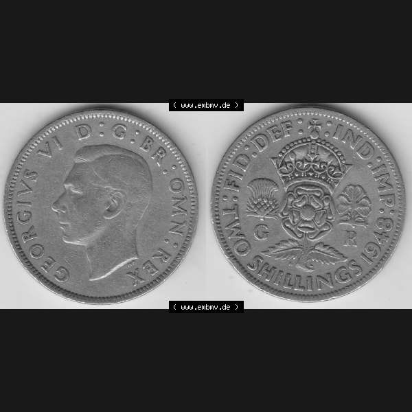 Grau bzw. s/w Alte Münzen Großbritannien Umlaufmünze 1947-1948, 2 Schilling-Florin, Two Shillings, 1948-8, George VI, GEORGIVS VI D G BR OMN REX, FID DEF IND IMP,... Sammlung Graustufen