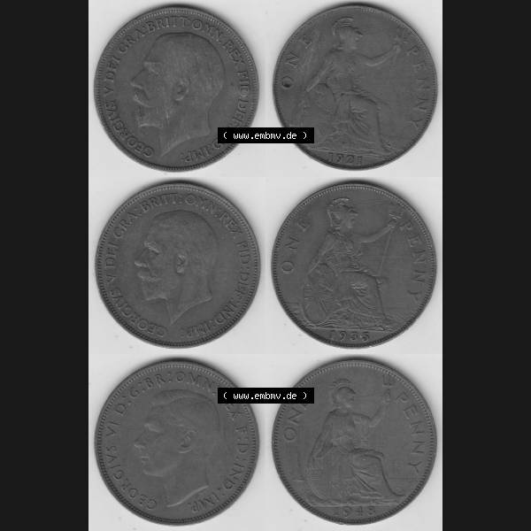Grau bzw. s/w Alte Münzen Großbritannien Umlaufmünze 1921-1948, 1921, 1935, 1948 One Penny, 1 Penny George V. VI. Ein Satz alter Münzen aus Großbritannien... Sammlung Graustufen