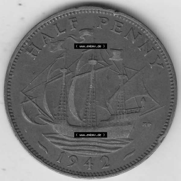 Grau bzw. s/w Alte Münzen Großbritannien Umlaufmünze 1937-1948, Half Penny, 1942-1, George VI, HALF PENNY HP, Segelschiff. Rückseite der alten britischen Münze... Sammlung Graustufen