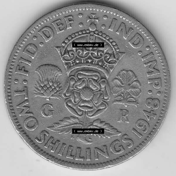 Grau bzw. s/w Alte Münzen Großbritannien Umlaufmünze 1947-1948, 2 Schilling-Florin, Two Shillings, 1948-8, George VI, GEORGIVS VI D G BR OMN REX, FID DEF IND IMP,... Sammlung Graustufen