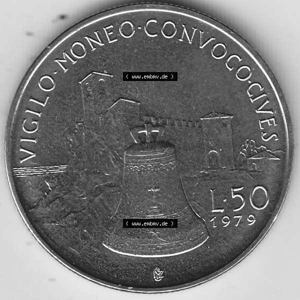 Grau bzw. s/w Bildmaterial Münzensatz / KMS 1979 aus San Marino 1979-1979, 50 Lire, J.P. LIBERTAS REPVBBLICA DI S. MARINO, L.50 VIGILO MONEO CONVOCO CIVES.... Sammlung Graustufen