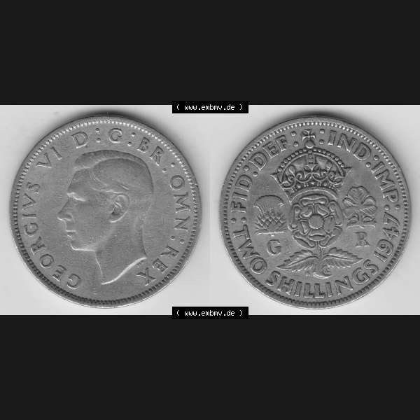 Grau bzw. s/w Alte Münzen Großbritannien Umlaufmünze 1947-1948, 2 Schilling-Florin, Two Shillings, 1947-3, George VI, GEORGIVS VI D G BR OMN REX, FID DEF IND IMP,... Sammlung Graustufen