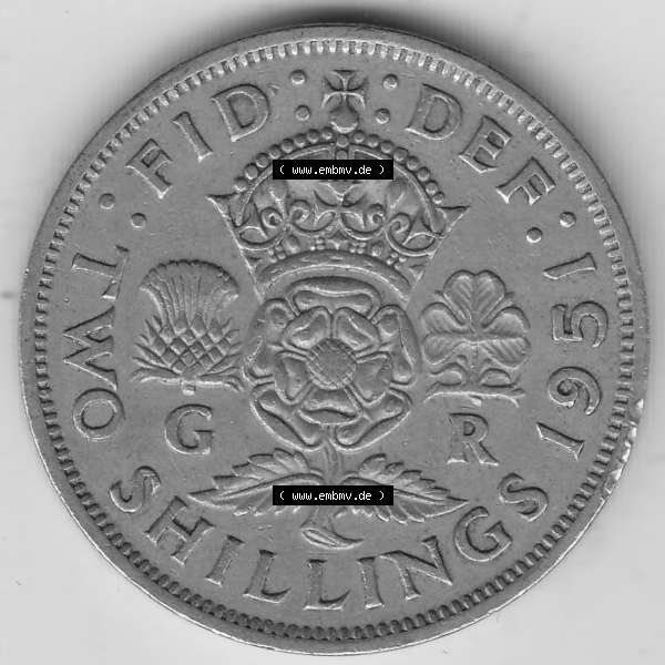 Grau bzw. s/w Alte Münzen Großbritannien Umlaufmünze 1949-1951, 2 Schilling, Shillings (Florin) 1951-1, George VI, GEORGIVS VI DG BR OMN REX, FID DEF TWO SHILLINGS.... Sammlung Graustufen