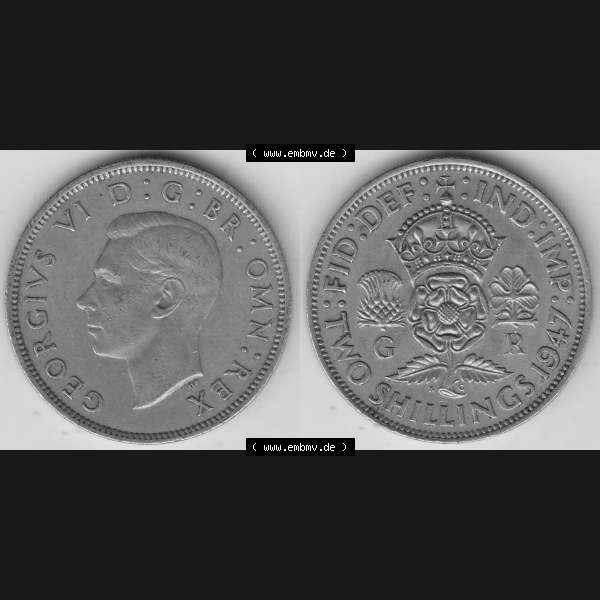 Grau bzw. s/w Alte Münzen Großbritannien Umlaufmünze 1947-1948, 2 Schilling-Florin, Two Shillings, 1947-1, George VI, GEORGIVS VI D G BR OMN REX, FID DEF IND IMP,... Sammlung Graustufen
