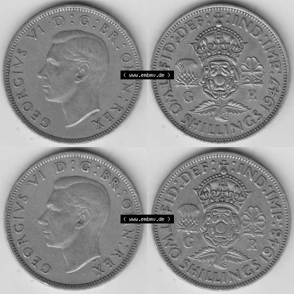 Grau bzw. s/w Alte Münzen Großbritannien Umlaufmünze 1947-1948, 2 Schilling-Florin 1947 und 1948 Bild-Version 1/2, Two Shillings, George VI, GEORGIVS. Ein Satz alter... Sammlung Graustufen