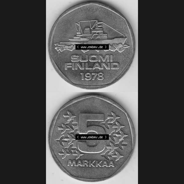 Grau bzw. s/w Alte Münzen KMS Finnland, Kursmünzensatz 1978 in Stempelglanz 1972-1978, 5 finnische Mark, Markkaa, 1978-1. Digitales Bild / Bildmaterial für IPhone und... Sammlung Graustufen