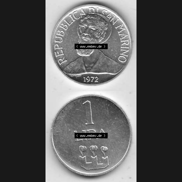 Grau bzw. s/w Bildmaterial Münzensatz / KMS 1972 aus San Marino 1972-1972, 1 Lira, Lire 1972, 1 LIRA MONASSI REPUBBLICA DI SAN MARINO. Vorderseite und Rückseite einer Umlaufmünze... Sammlung Graustufen