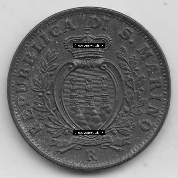Grau bzw. s/w Bildmaterial Münzen aus San Marino vor 1950, 1935-1938, 10 Centesimi, (Cent-Wert), 1935-1, LIBERTAS REPUBBLICA DI S. MARINO, 10 CENTESIMI 1935.... Sammlung Graustufen