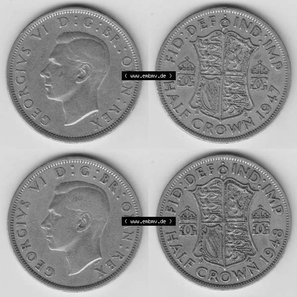 Grau bzw. s/w Alte Münzen Großbritannien Umlaufmünze 1947-1948, 1/2 Krone, Half Crown 1947 und 1948 Bild-Version 1/2, George VI, FID DEF IND IMP HALF CROWN. Ein... Sammlung Graustufen