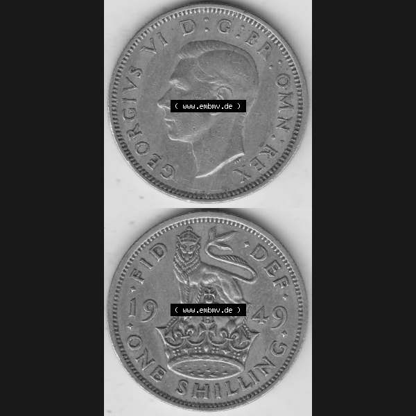 Grau bzw. s/w Alte Münzen Großbritannien Umlaufmünze 1949-1951, 1 One Schilling - Shilling, 1949-2 Stehender Löwe auf Krone. Vorderseite und Rückseite vertikal untereinander... Sammlung Graustufen