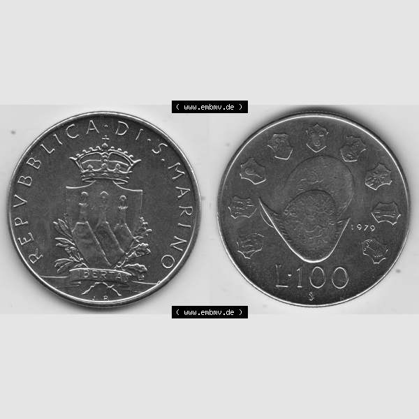 Grau bzw. s/w Bildmaterial Münzensatz / KMS 1979 aus San Marino 1979-1979, 100 Lire, J.P. LIBERTAS REPVBBLICA DI S. MARINO L.100. Vorderseite und Rückseite... Sammlung Graustufen