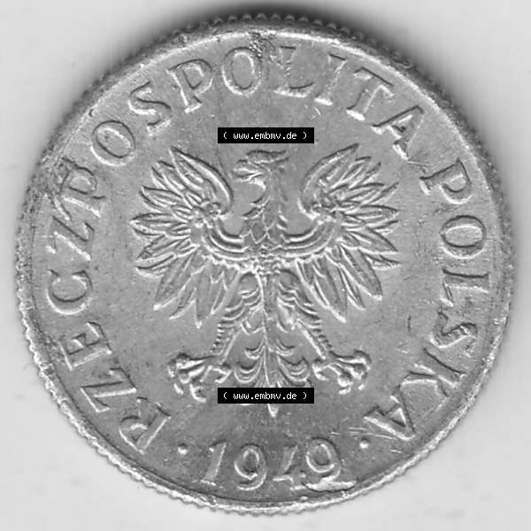 Grau bzw. s/w Münzen Polen KMS, Kursmünzensatz 1949-1949, Republik Polen 2 Grosze, Groschen, Aluminium 1949-1. Vorderseite einer polnischen Münzen auf einen Digitalen Bild... Sammlung Graustufen