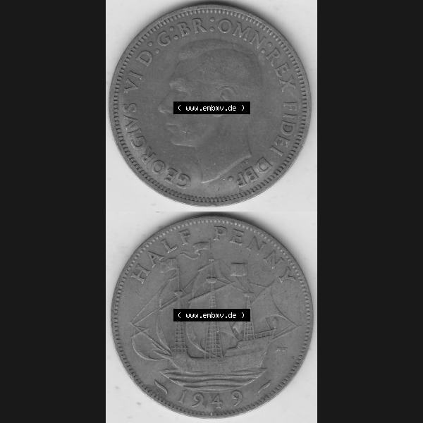 Grau bzw. s/w Alte Münzen Großbritannien Umlaufmünze 1949-1952, Half Penny, 1949-1, George VI, HALF PENNY HP, Segelschiff. Vorderseite und Rückseite vertikal... Sammlung Graustufen