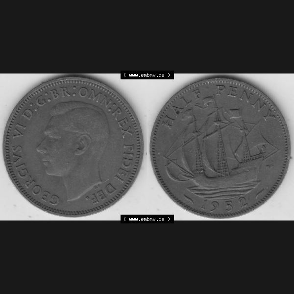 Grau bzw. s/w Alte Münzen Großbritannien Umlaufmünze 1949-1952, Half Penny, 1952-1, George VI, HALF PENNY HP, Segelschiff. Vorderseite und Rückseite horizontal... Sammlung Graustufen