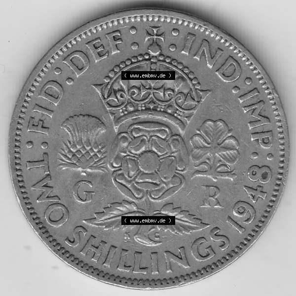 Grau bzw. s/w Alte Münzen Großbritannien Umlaufmünze 1947-1948, 2 Schilling-Florin, Two Shillings, 1948-1, George VI, GEORGIVS VI D G BR OMN REX, FID DEF IND IMP,... Sammlung Graustufen