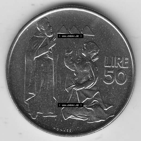 Grau bzw. s/w Bildmaterial Münzensatz / KMS 1972 aus San Marino 1972-1972, 50 Lire, 1972, MONASSI REPUBBLICA DI SAN MARINO 50 LIRE. Rückseite als Einzelansicht einer Umlaufmünze... Sammlung Graustufen