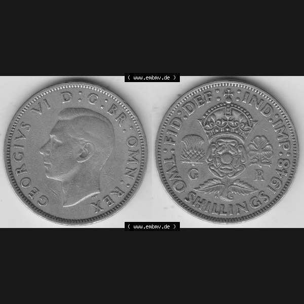Grau bzw. s/w Alte Münzen Großbritannien Umlaufmünze 1947-1948, 2 Schilling-Florin, Two Shillings, 1948-2, George VI, GEORGIVS VI D G BR OMN REX, FID DEF IND IMP,... Sammlung Graustufen