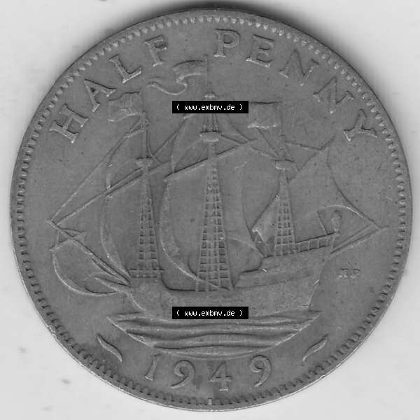 Grau bzw. s/w Alte Münzen Großbritannien Umlaufmünze 1949-1952, Half Penny, 1949-1, George VI, HALF PENNY HP, Segelschiff. Rückseite der alten britischen Münze... Sammlung Graustufen