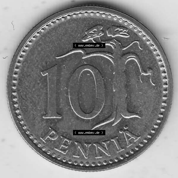 Grau bzw. s/w Alte Münzen KMS Finnland, Kursmünzensatz 1978 in Stempelglanz 1963-1982, 10 Penny, 1978-1. Rückseite mit Wert-Zahl bzw. Nennwert einer Münze aus offiziellen... Sammlung Graustufen