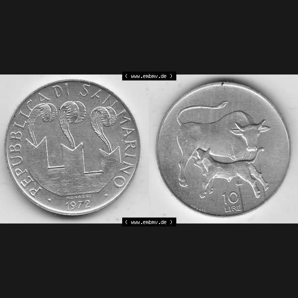Grau bzw. s/w Bildmaterial Münzensatz / KMS 1972 aus San Marino 1972-1972, 10 Lire 1972, MONASSI REPUBBLICA DI SAN MARINO, 10 LIRE. Vorderseite und Rückseite einer Umlaufmünze... Sammlung Graustufen