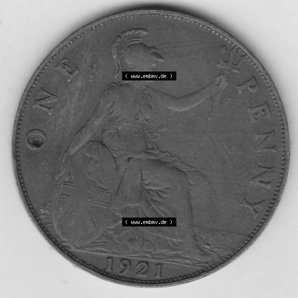 Grau bzw. s/w Alte Münzen Großbritannien Umlaufmünze 1911-1926, 1 Penny, One Penny, 1921-1, B.M. GEORGIVS V DEI GRA BRITT OMN REX FID DEF IND IMP. Rückseite... Sammlung Graustufen