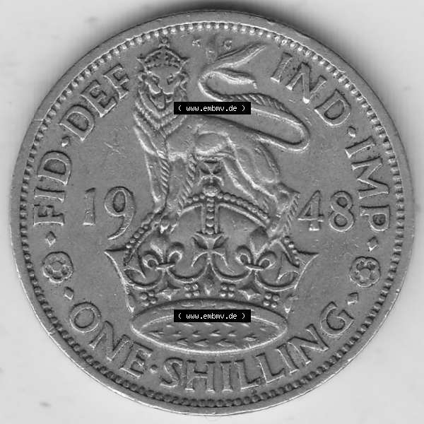 Grau bzw. s/w Alte Münzen Großbritannien Umlaufmünze 1949-1951, 1 One Schilling - Shilling, 1948-5 Stehender Löwe auf Krone. Rückseite der alten britischen Münze aus... Sammlung Graustufen