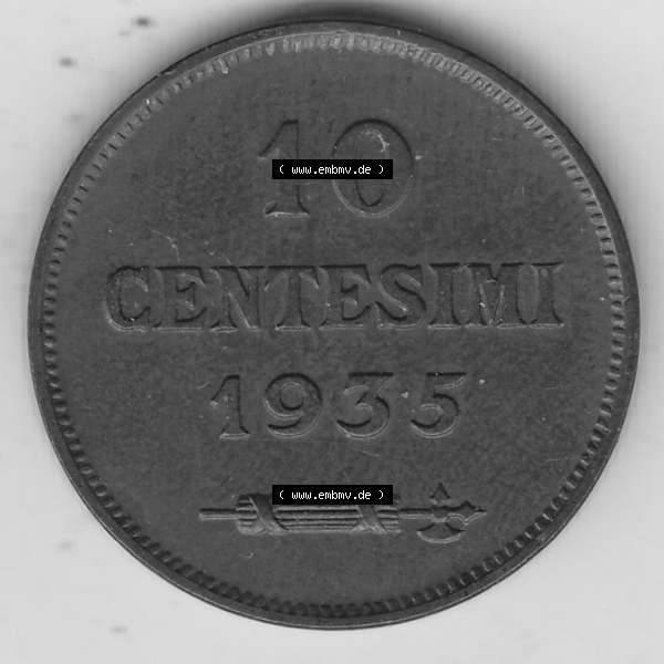 Grau bzw. s/w Bildmaterial Münzen aus San Marino vor 1950, 1935-1938, 10 Centesimi, (Cent-Wert), 1935-1, LIBERTAS REPUBBLICA DI S. MARINO, 10 CENTESIMI 1935.... Sammlung Graustufen