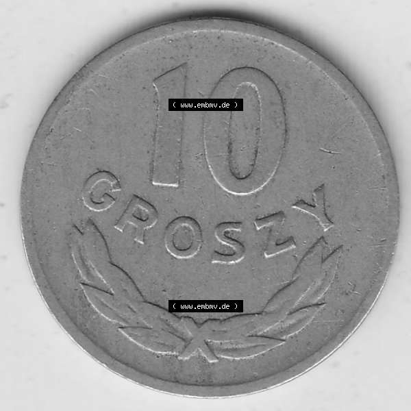 Grau bzw. s/w Münzen Polen KMS, Kursmünzensatz 1949-1949, Republik Polen 10 Groszy, Groschen, Kupfer 1949-1. Rückseite mit Wert-Zahl / Wert-Angabe einer polnischen Münzen... Sammlung Graustufen