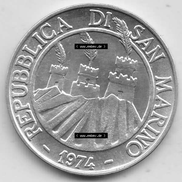 Grau bzw. s/w Bildmaterial Münzensatz / KMS 1974 aus San Marino 1974-1974, 10 Lire, L.10 MINGUZZI MONASSI INC.. Vorderseite einer Umlaufmünze aus 1974 REPUBBLICA DI SAN... Sammlung Graustufen
