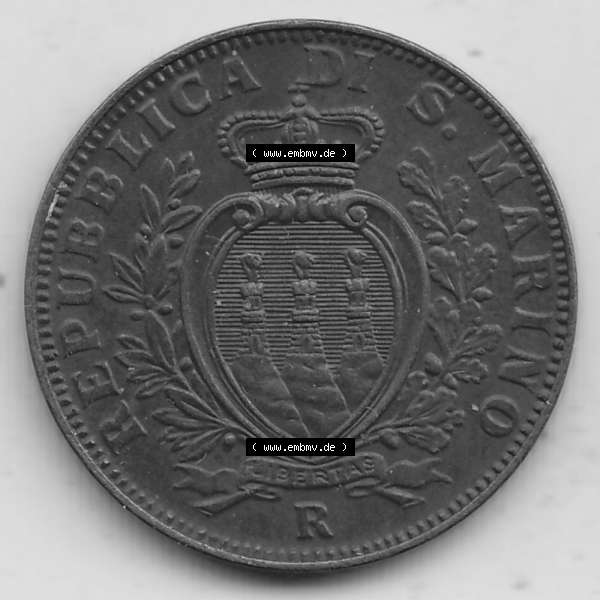 Grau bzw. s/w Bildmaterial Münzen aus San Marino vor 1950, 1935-1938, 5 Centesimi, Cent-Wert 1937-1, LIBERTAS REPUBBLICA DI S. MARINO, 5 CENTESIMI. Vorderseite einer... Sammlung Graustufen