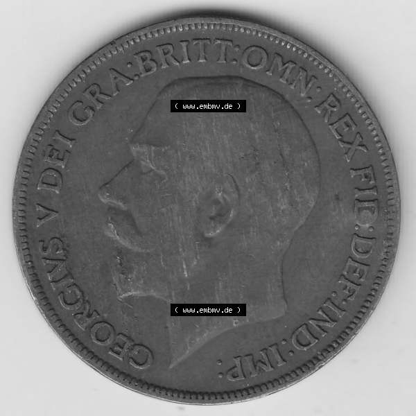 Grau bzw. s/w Alte Münzen Großbritannien Umlaufmünze 1911-1926, 1 Penny, One Penny, 1921-1, B.M. GEORGIVS V DEI GRA BRITT OMN REX FID DEF IND IMP. Vorderseite... Sammlung Graustufen