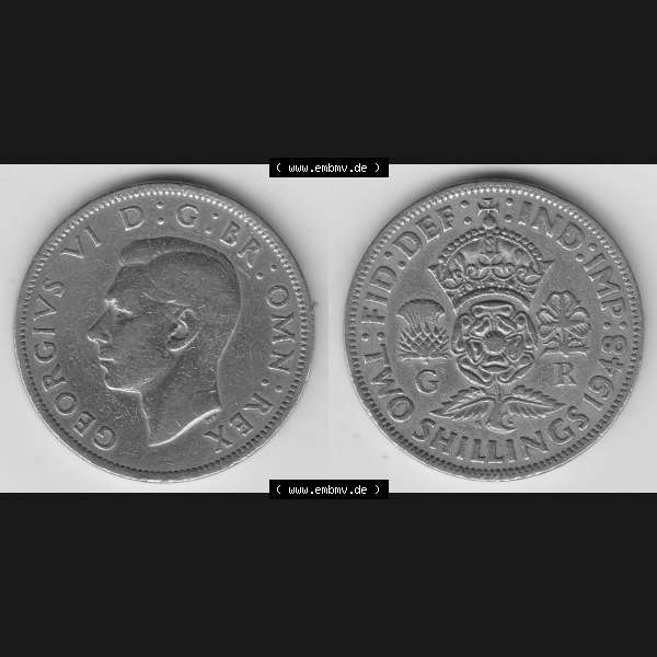 Grau bzw. s/w Alte Münzen Großbritannien Umlaufmünze 1947-1948, 2 Schilling-Florin, Two Shillings, 1948-5, George VI, GEORGIVS VI D G BR OMN REX, FID DEF IND IMP,... Sammlung Graustufen