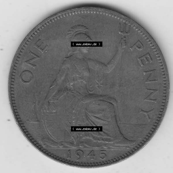 Grau bzw. s/w Münzen Großbritannien Umlaufmünze 1937-1948. 1 One Penny 1945-1, George VI, GEORGIVS VI DGBROMNREX FDINDIMP. HP. Rückseite der alten britischen Münze... Sammlung Graustufen