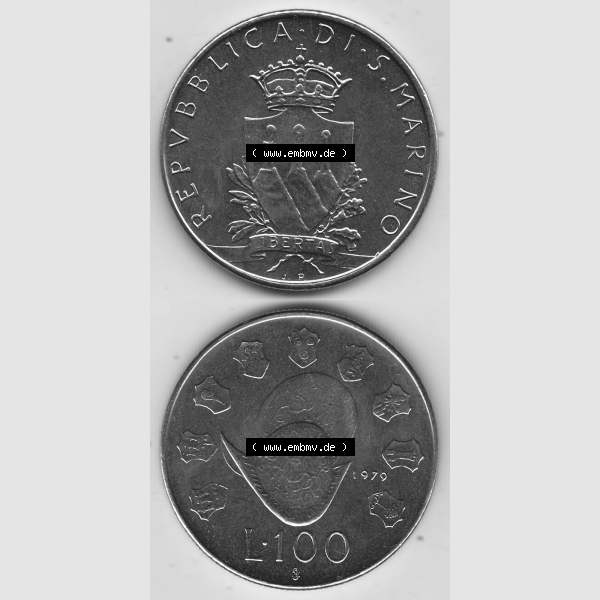 Grau bzw. s/w Bildmaterial Münzensatz / KMS 1979 aus San Marino 1979-1979, 100 Lire, J.P. LIBERTAS REPVBBLICA DI S. MARINO L.100. Vorderseite und Rückseite... Sammlung Graustufen