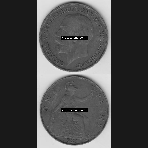 Grau bzw. s/w Alte Münzen Großbritannien Umlaufmünze 1911-1926, 1 Penny, One Penny, 1921-1, B.M. GEORGIVS V DEI GRA BRITT OMN REX FID DEF IND IMP. Vorderseite... Sammlung Graustufen