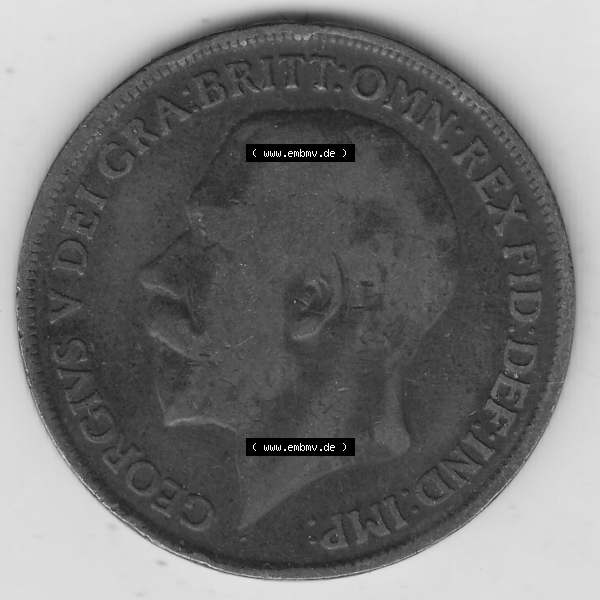 Grau bzw. s/w Alte Münzen Großbritannien Umlaufmünze 1911-1926, 1 Penny, One Penny, 1917-1, B.M. GEORGIVS V DEI GRA BRITT OMN REX FID DEF IND IMP. Vorderseite... Sammlung Graustufen