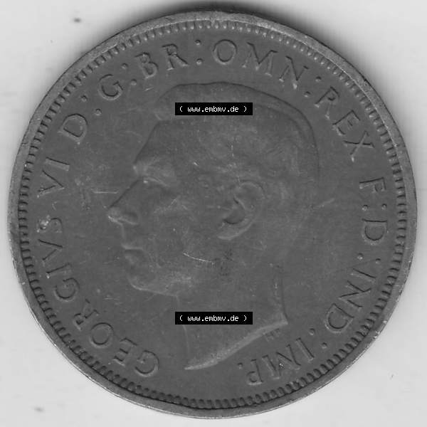 Grau bzw. s/w Alte Münzen Großbritannien Umlaufmünze 1937-1948, Half Penny, 1942-1, George VI, HALF PENNY HP, Segelschiff. Vorderseite der alten britischen Münze... Sammlung Graustufen