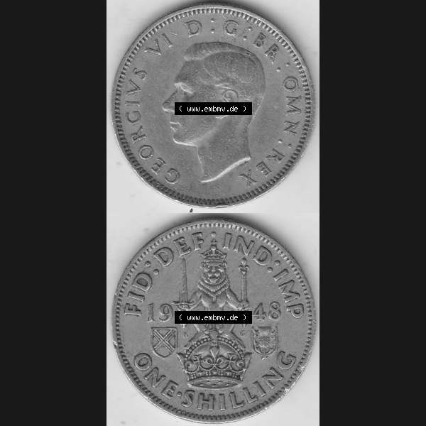 Grau bzw. s/w Alte Münzen Großbritannien Umlaufmünze 1949-1951, 1 One Schilling - Shilling, 1948-6 Stehender Löwe auf Krone. Vorderseite und Rückseite vertikal untereinander... Sammlung Graustufen